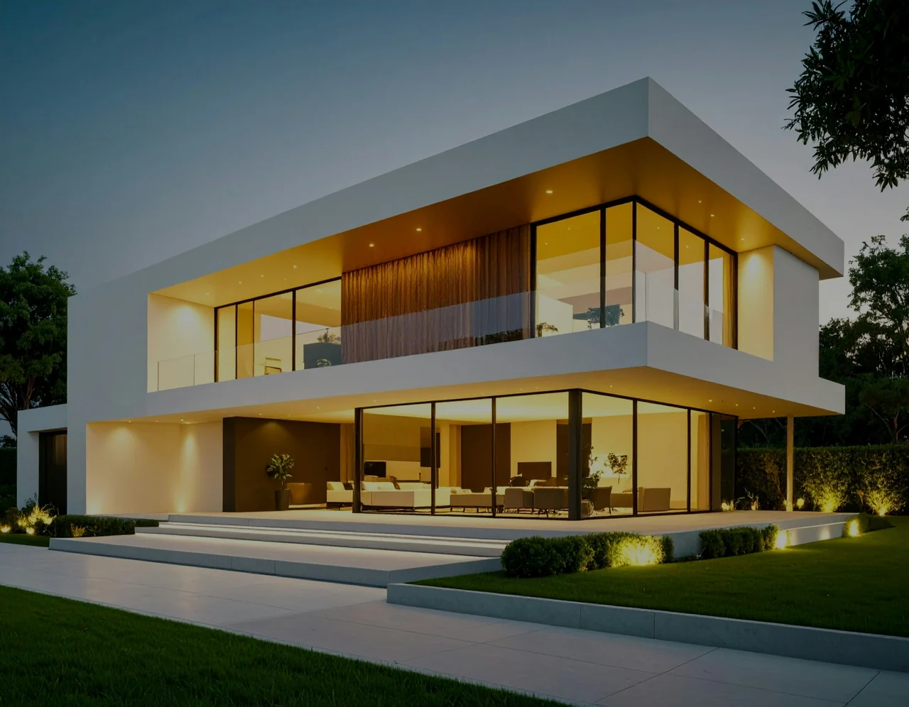 A modern house glowing with warm light