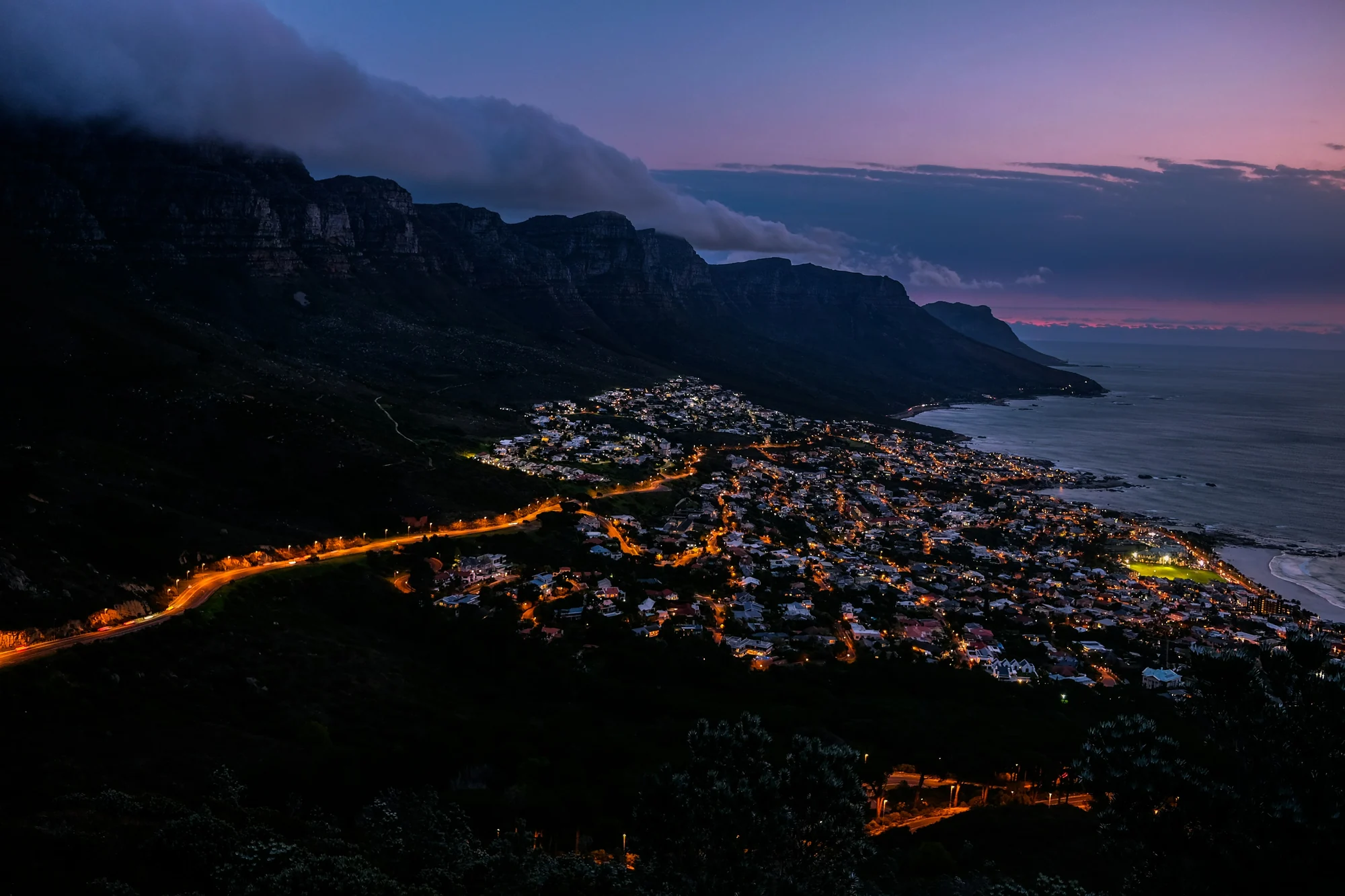 Cape Town's mountains and coastline at sunset
